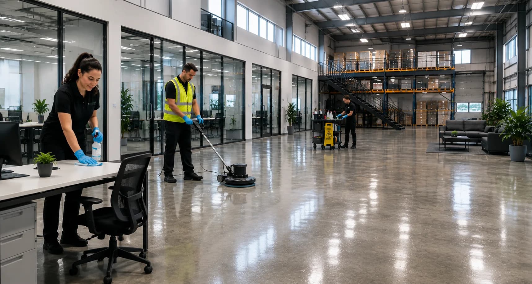 Tatry Group operatives cleaning a modern office and warehouse space